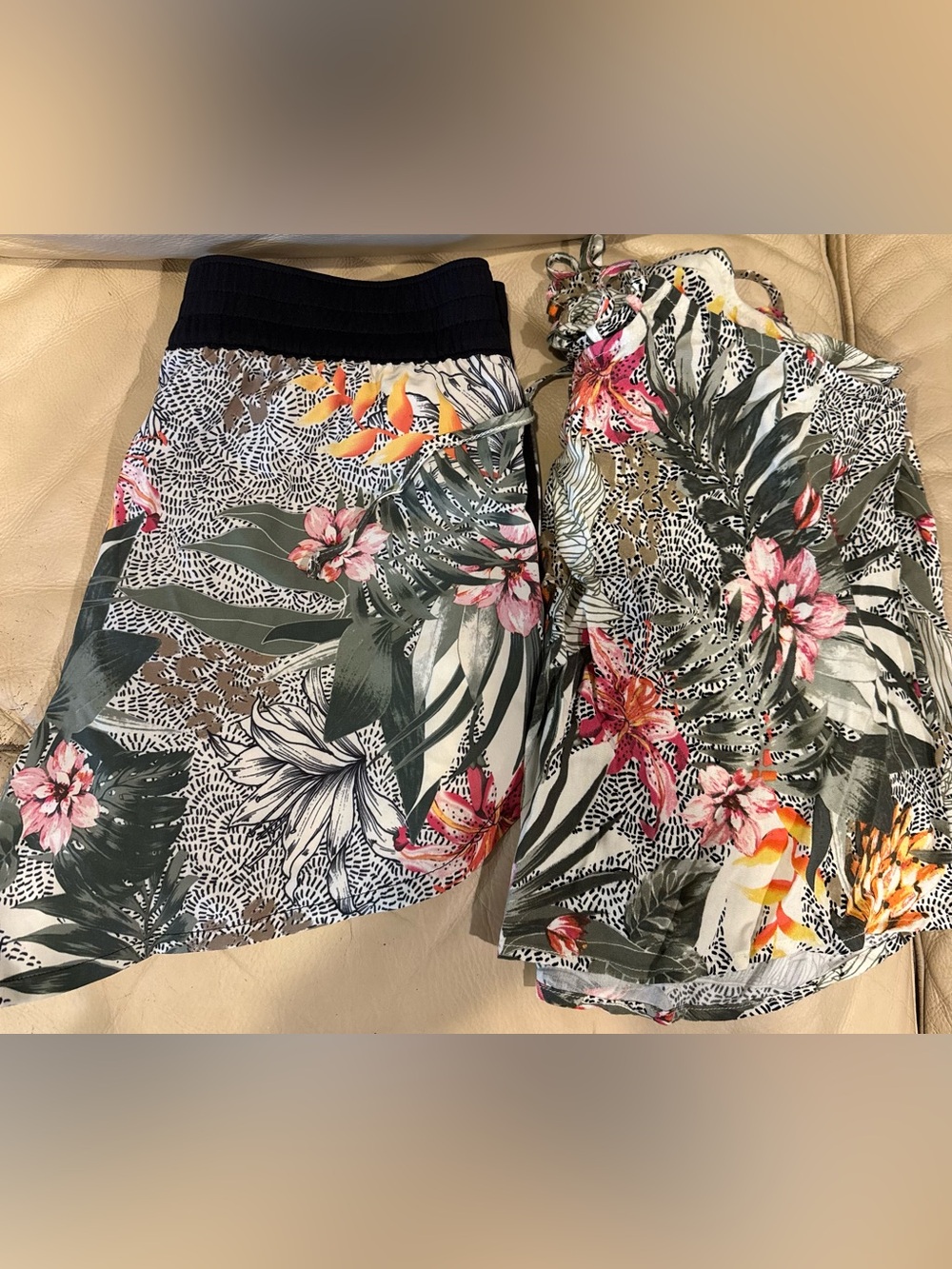 Reef Tropical Floral Athletic Shorts and top sets in Green, Pink, Yellow.